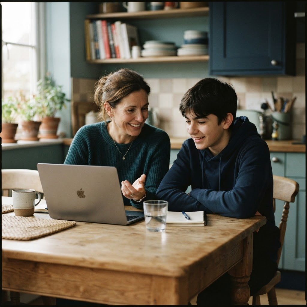A parent and teenager looking at a laptop together at home