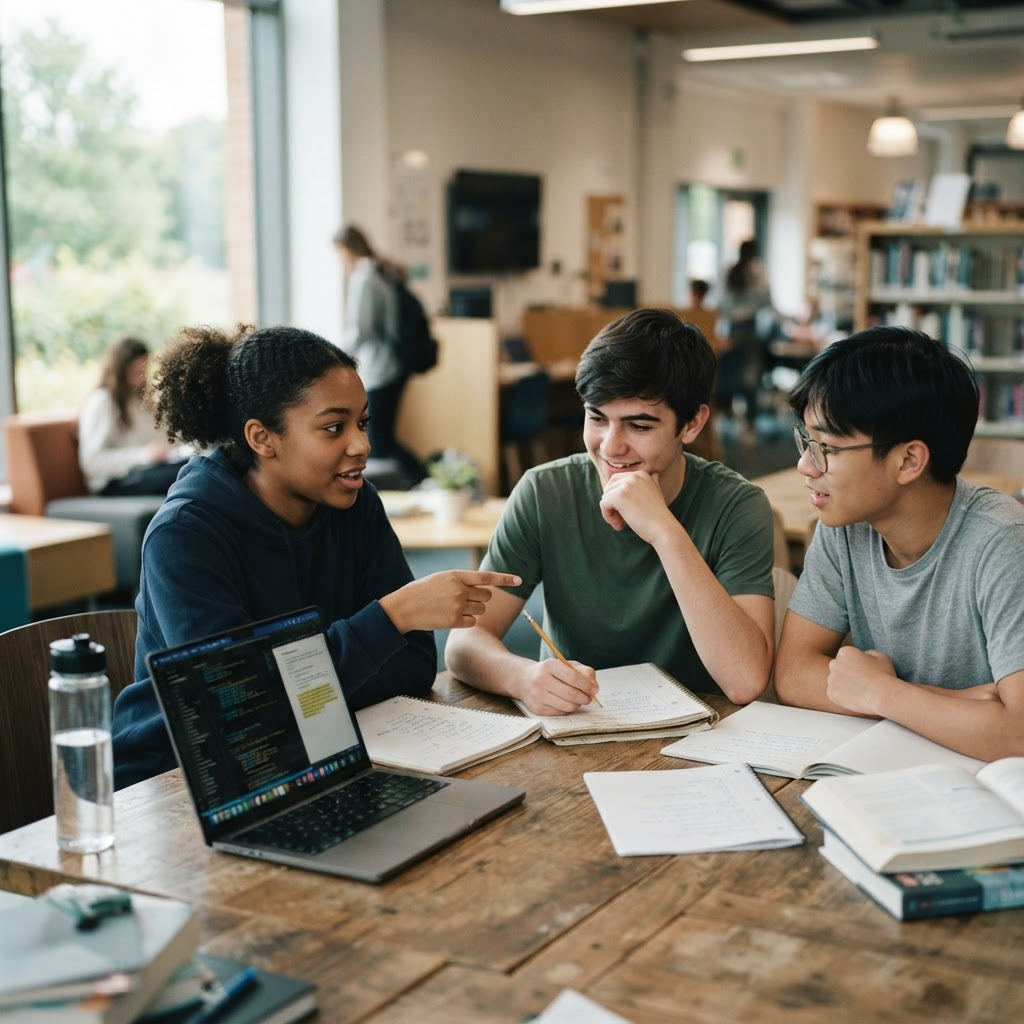 Three high school students studying together at a library table