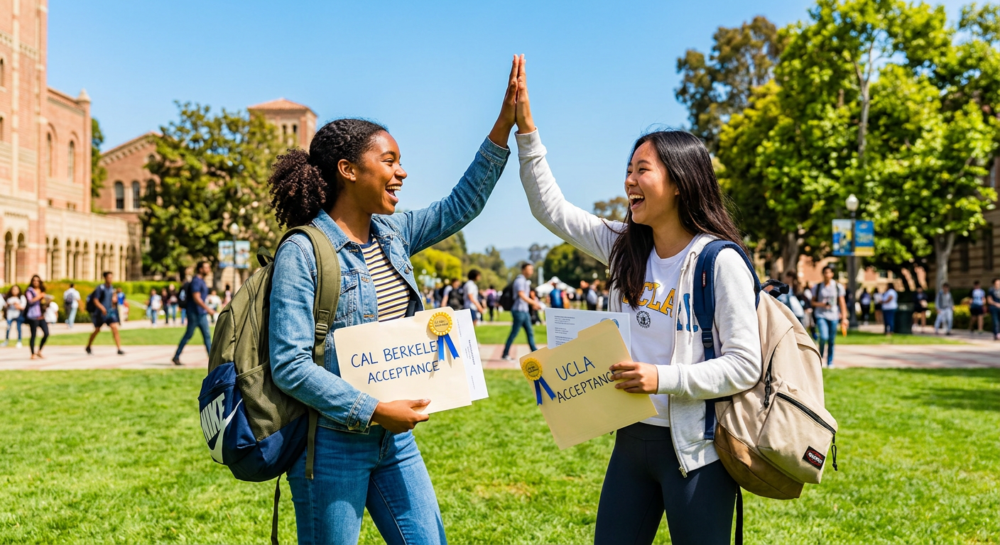 Two high school seniors high-fiving on a sunny campus lawn