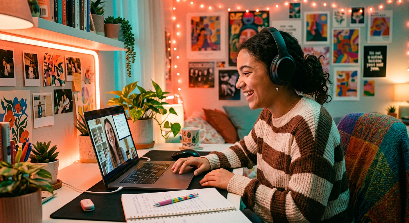A high school student with headphones in an online session with her tutor
