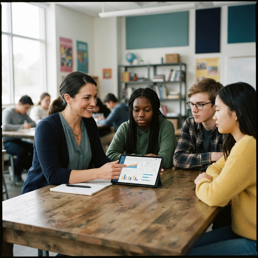 A school counselor reviewing student progress with a small group of students